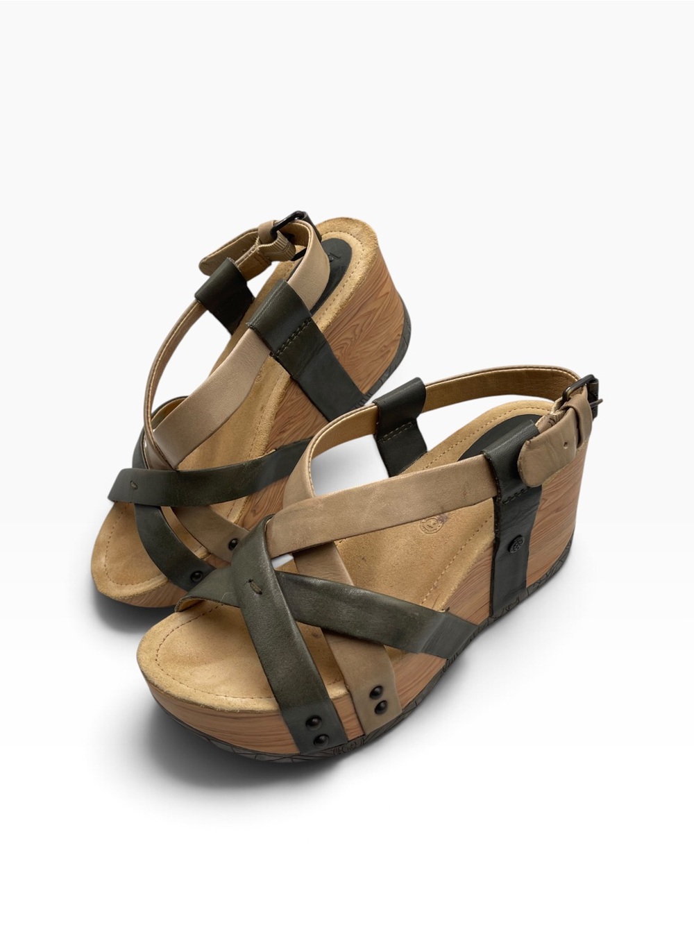 Bussola Two-Tone Leather Strappy Platform Wedge Sandals Olive and Beige Size 7
